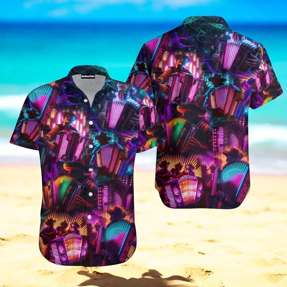 Vibrant Neon Accordion Player Hawaiian Shirt Perfect for Music Lovers and Tropical Vibes