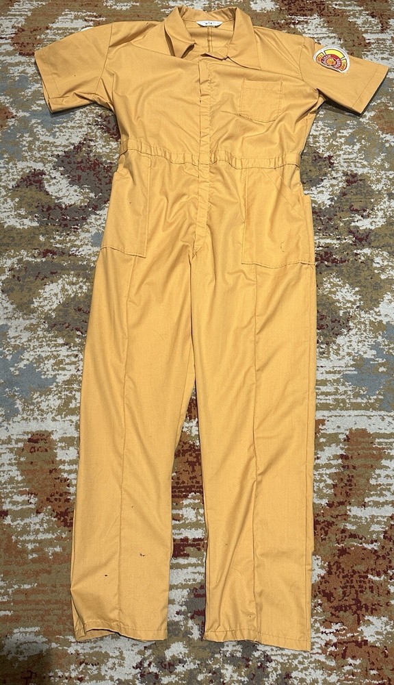 Vintage Texas A&M Shell Oil Fire Training Camp Yellow Short Sleeve Jumpsuit Size L  