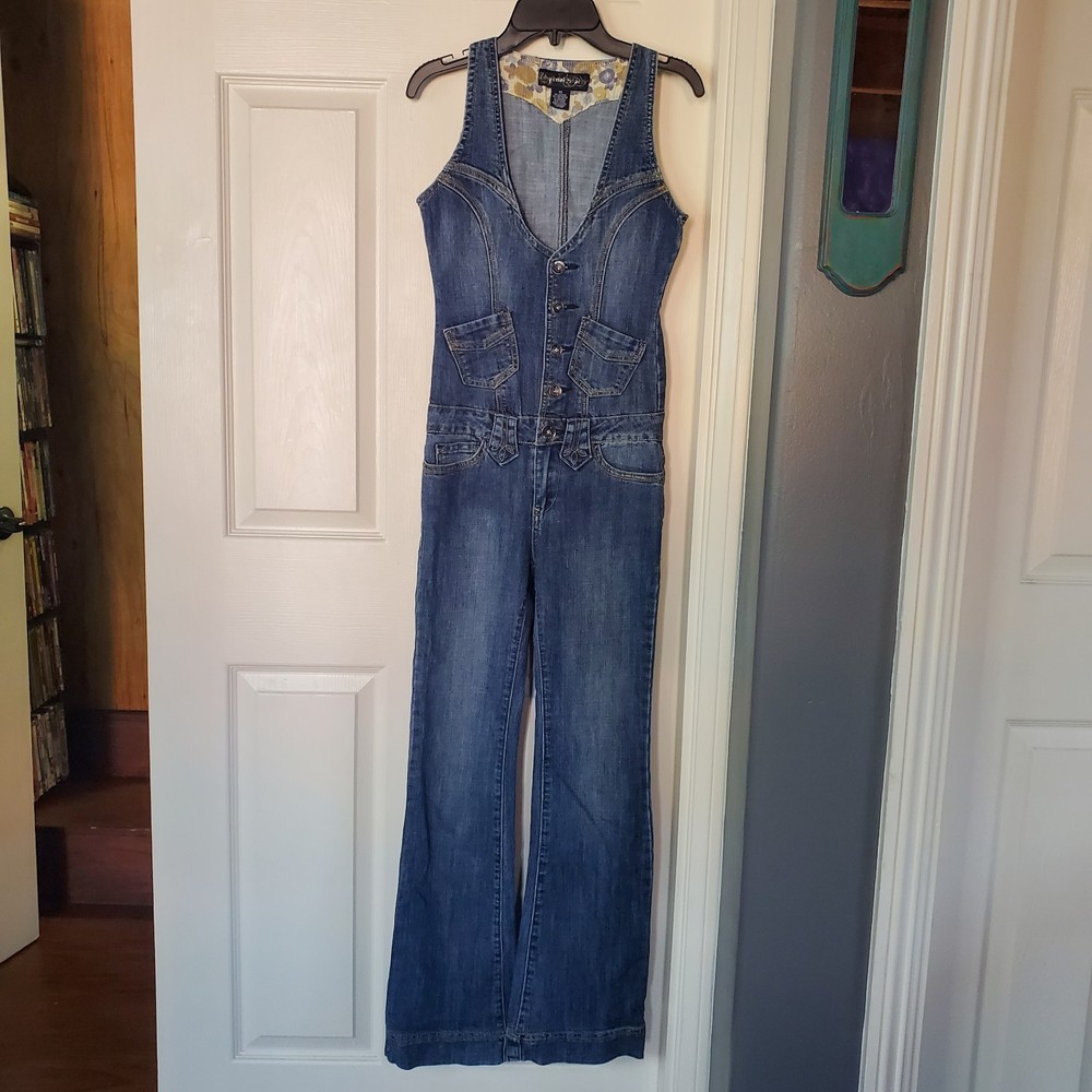Vintage Y2K Imperial Star Jumpsuit Blue Denim Flare Low Waist Size XS Sleeveless
