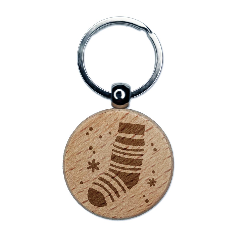 Personalized Wooden Keychain Tag with Christmas Stocking Design