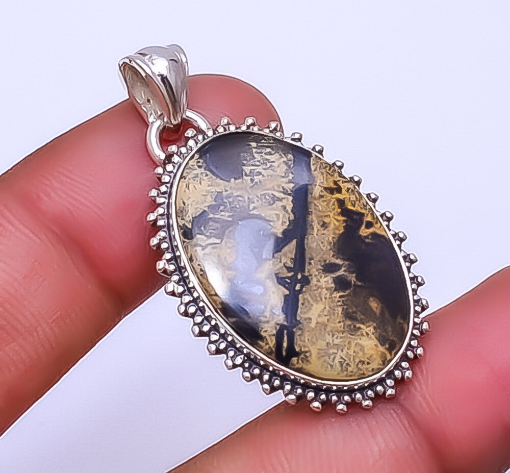 Honey Dendritic Opal - Mexico Gemstone 925 Sterling Silver Pendant 1.56