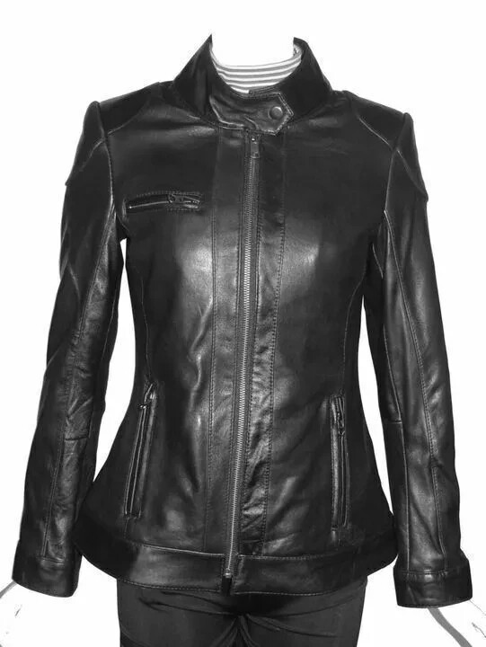 Women's Black Real Leather Jacket Coat Pure Lambskin Bomber Jacket with Zipper