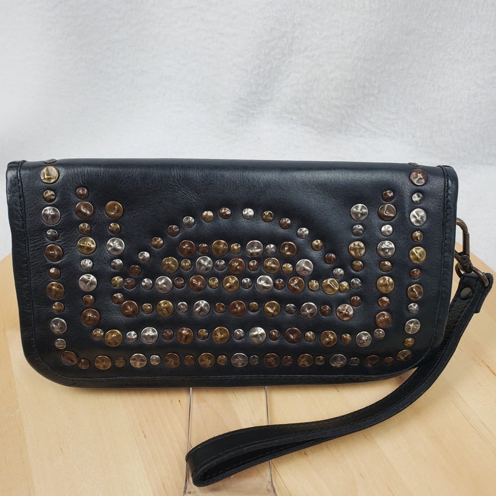 Viola Castellani Soft Black Leather Studded Zip Wristlet Clutch Wallet  