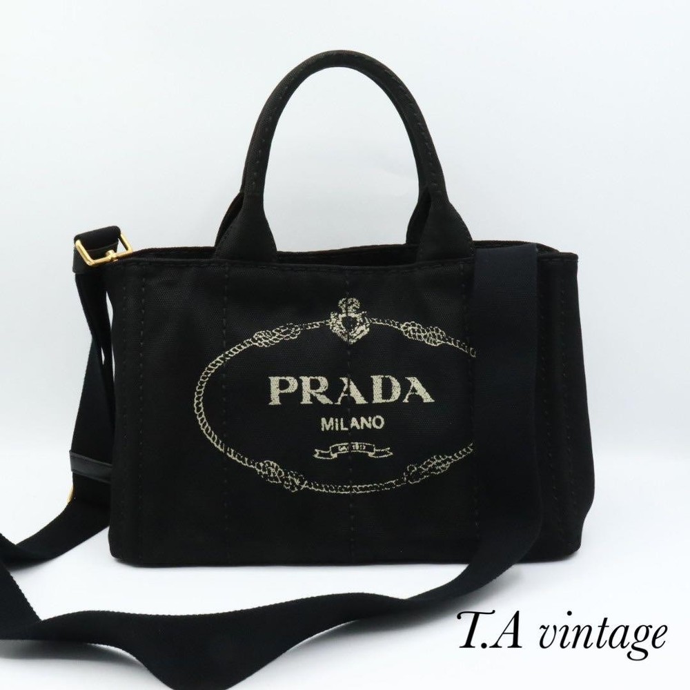 Prada Black Canapa Canvas Luxury Tote Shoulder Bag 2-Way Designer Handbag