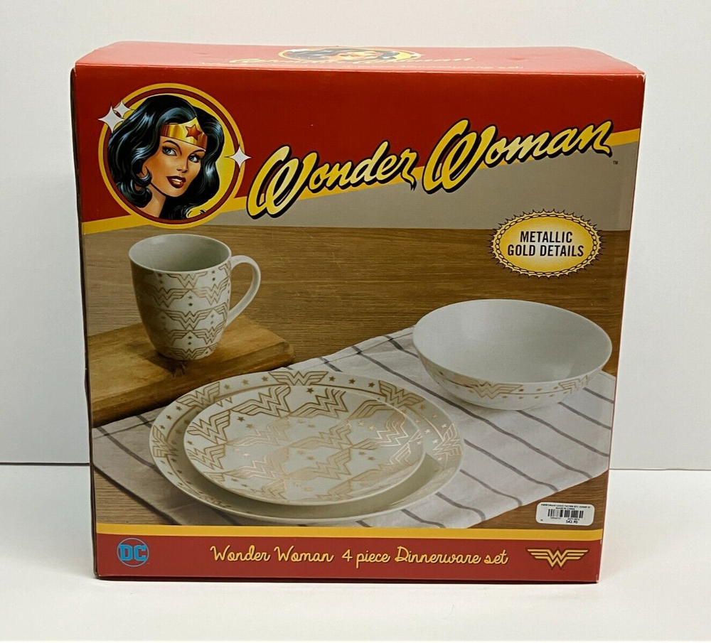 DC Wonder Woman 4 piece Dinnerware Set with Metallic Details