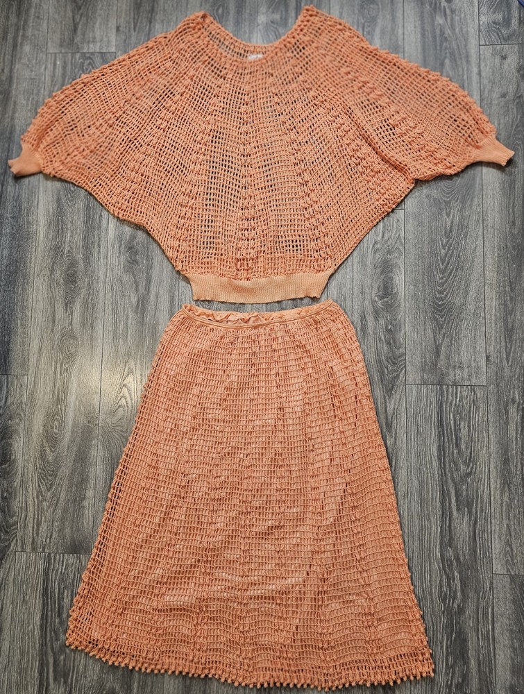 Vintage Kyouko Design Studio Crochet Knit Set Coral Wide Top Lined Skirt Size XL
