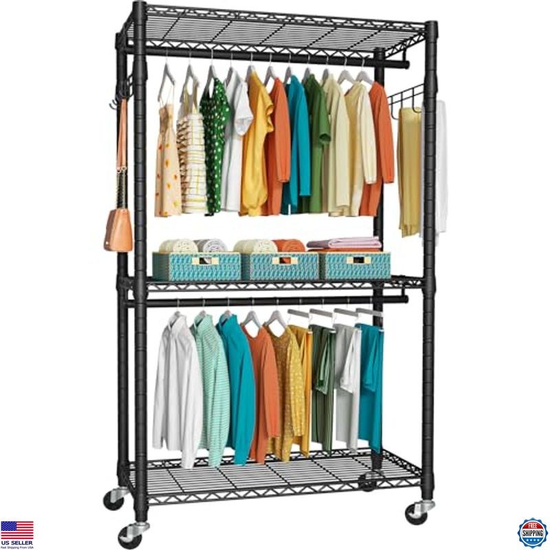 Heavy Duty 3-Tier Garment Rack with Lockable Wheels Supports 450 LBS