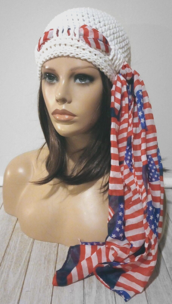handmade  crochet womans scarf hat American flag chemo red white blue USA made