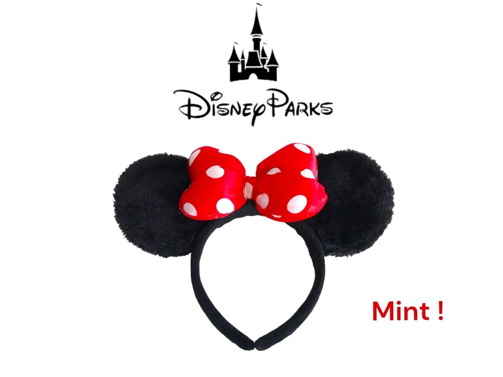 Disney Parks Minnie Mouse Furry Plush Ears Headband Puffy Polka Satin Bow - Mint