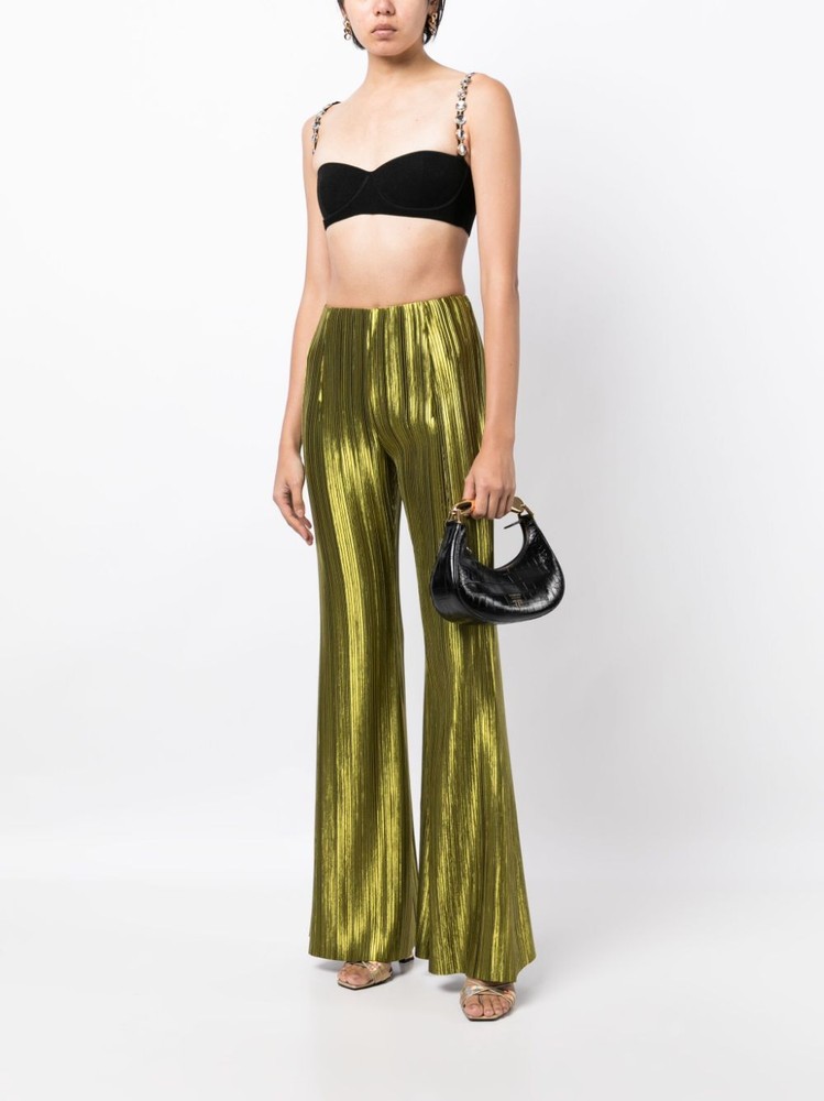 Galvan Olive Green Nuage Shiny Metallic Pleated Flared Trousers NEW UK 10