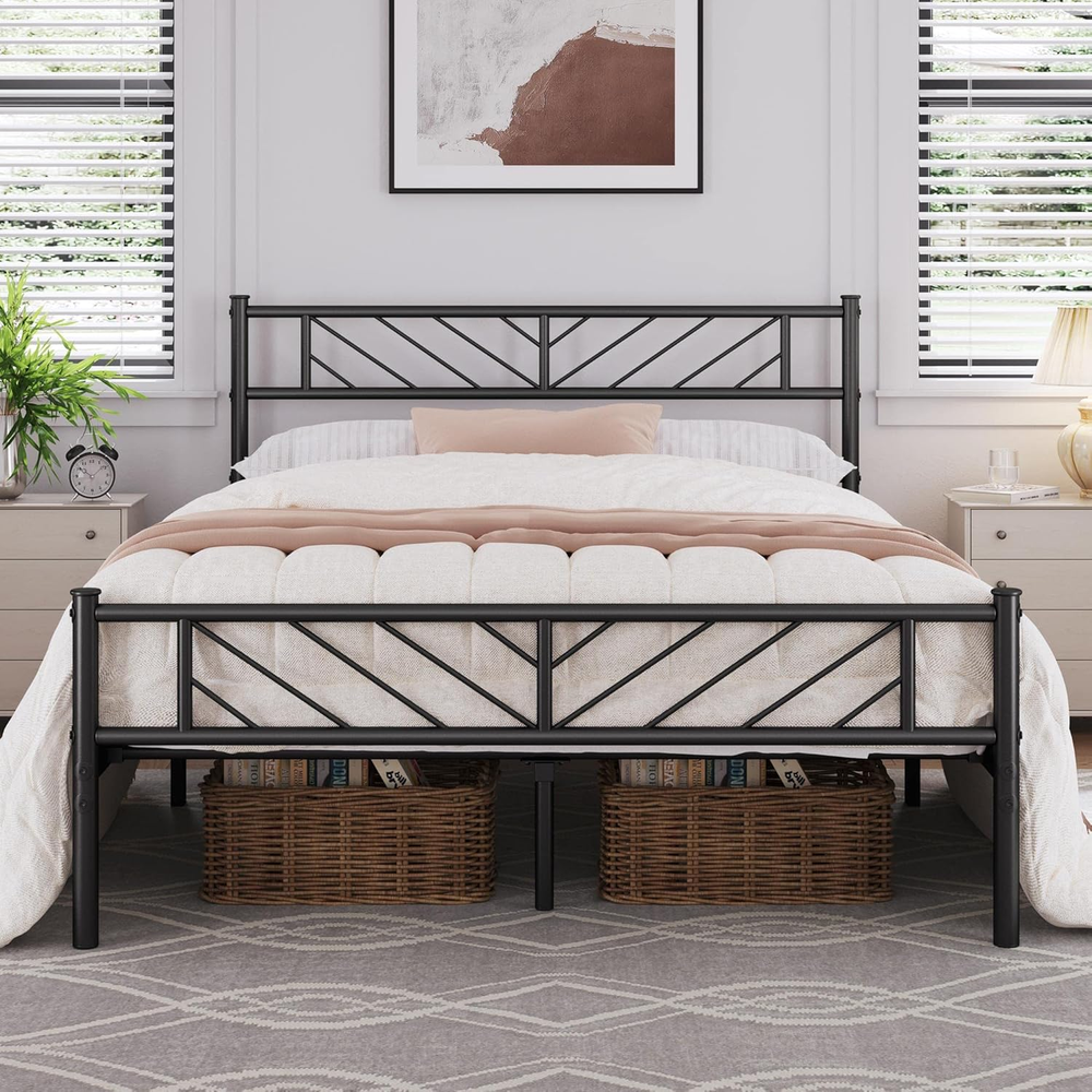 Full Size Platform Bed Frame with Arrow Design Headboard 13 Inch Metal Mattress Support-image