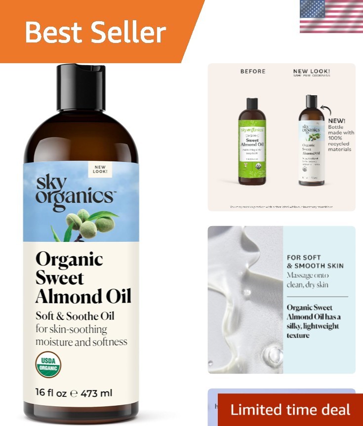 100% Pure Cold-Pressed Sweet Almond Oil - Non-Greasy Beauty Elixir, 16 oz