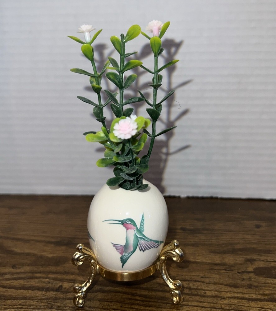 Vintage Porcelain Egg with Hummingbird Floral Design and Stand