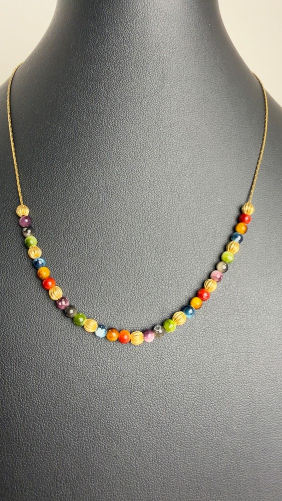Vintage Multicolor Bead Gold Tone Delicate Chain Necklace 18 inch Signed Korea