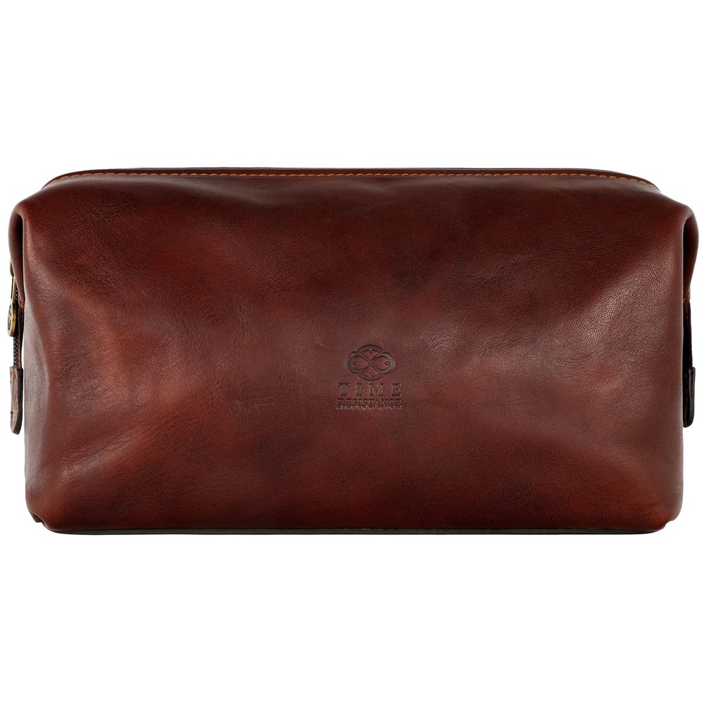 Italian Leather Toiletry Bag - Brown Cosmetic Case Dopp Kit