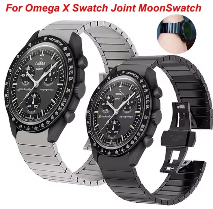 Metal Strap for Omega Moonswatch 20mm | Black & Silver Stainless Steel Watch Ban