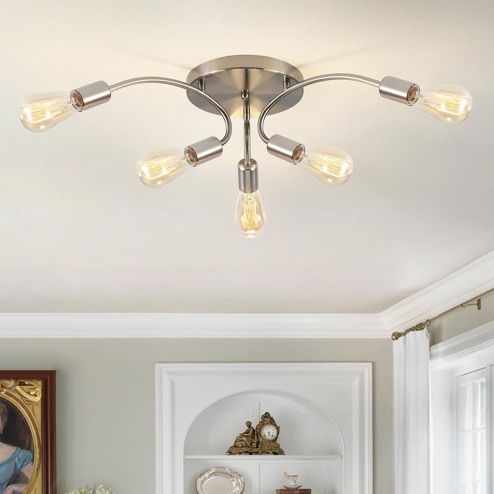6-Lights Brushed Nickel Sputnik Chandelier Lighting, Modern Semi Flush Mount Cei