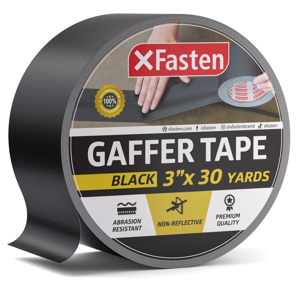 XFasten Black Gaffers Tape 3 Inch X 30 Yards, Pro Black Gaff Tape for Photogr...