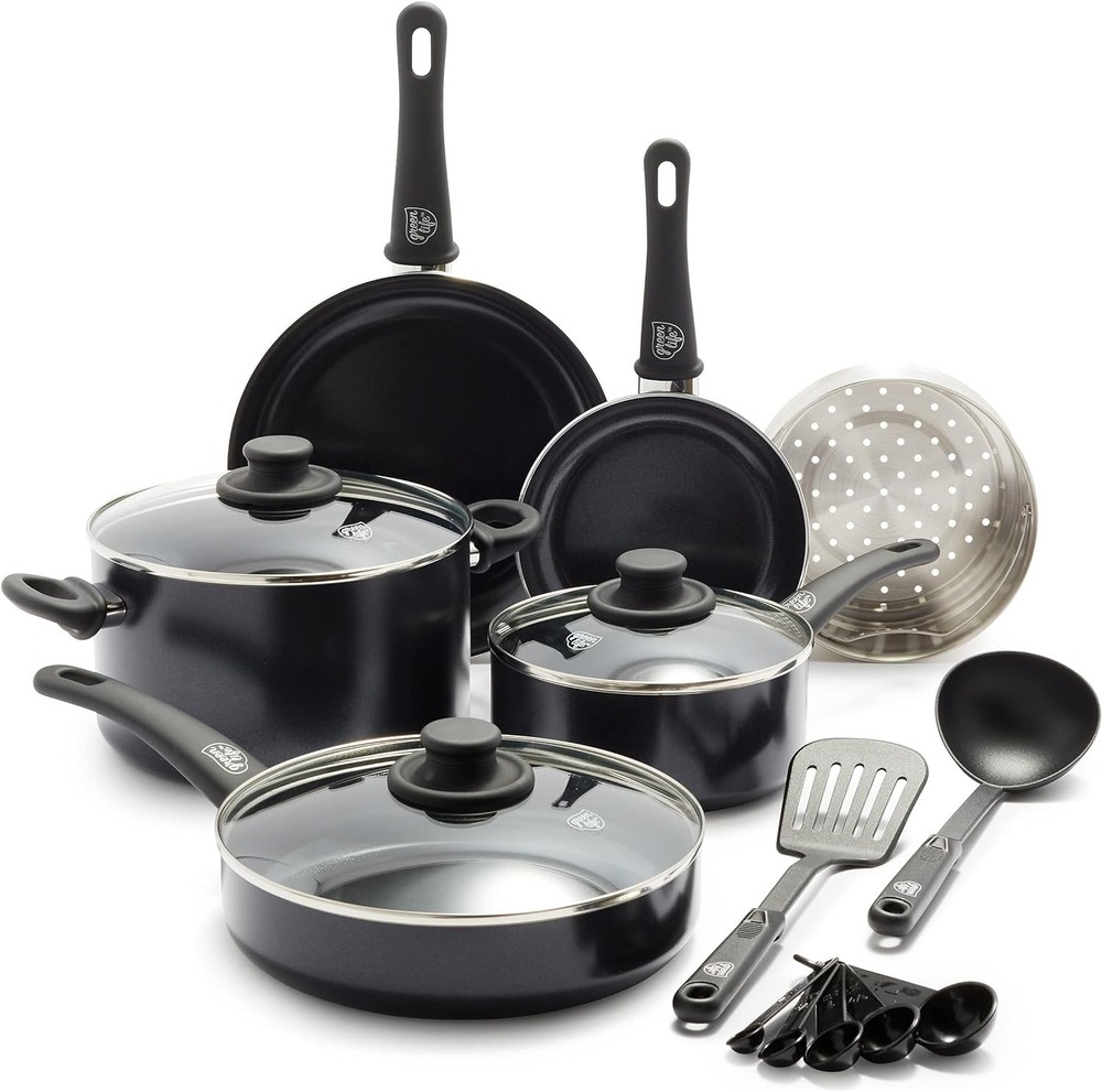 GreenLife Soft Grip Healthy Ceramic Nonstick 12-Piece Black Cookware Set