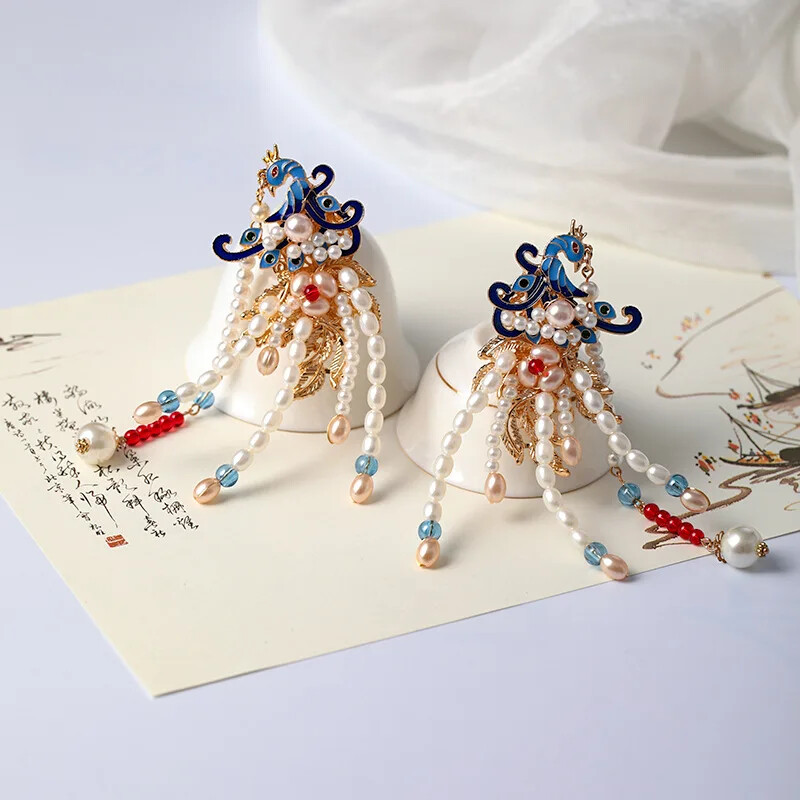 A Pair Ancient Chinese Style Hanfu Pearls Beads Hairpins Side Clips Hairgrips