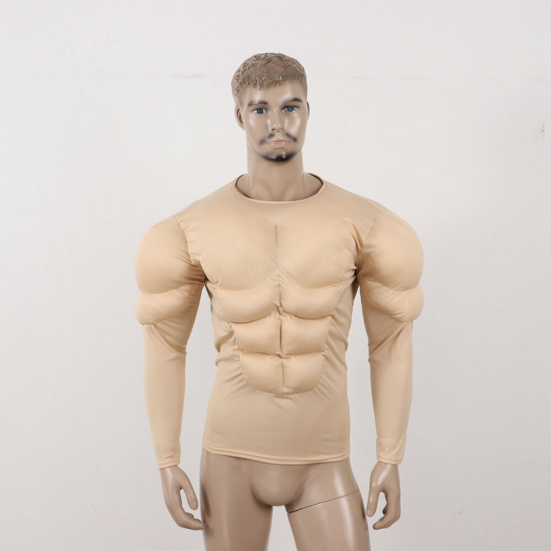 Round Neckline Fake Chest Six Pack Abs Long Sleeve Muscles Lace up T-Shirt Men