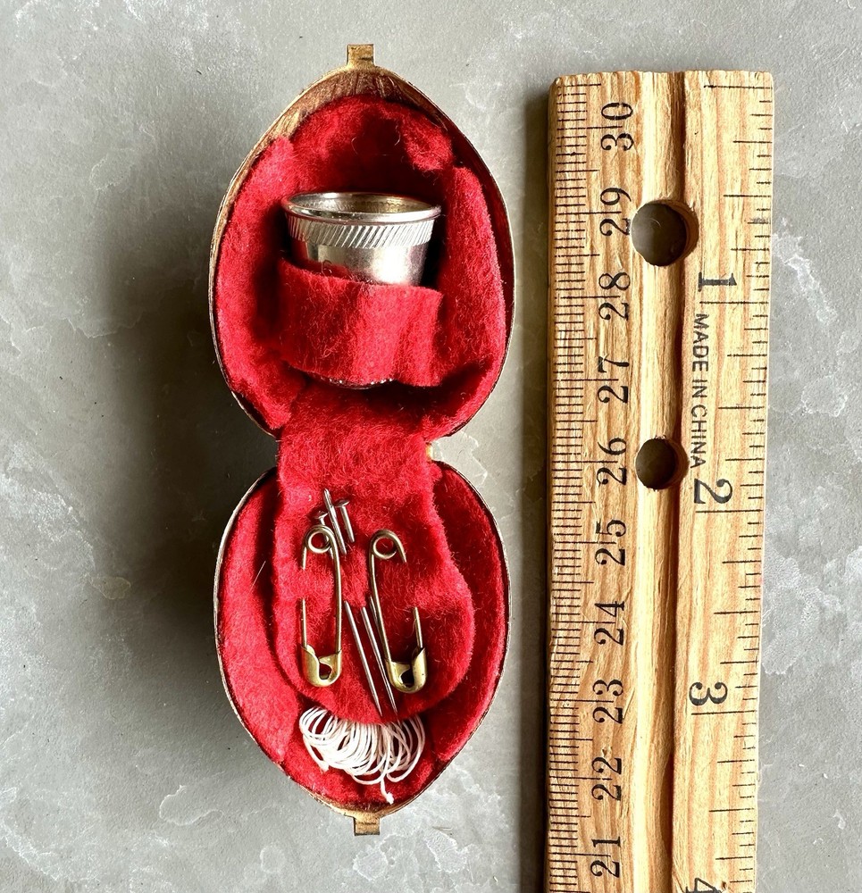 Antique Gold Tone Walnut Sewing Thimble Box Vintage Complete Set Rare