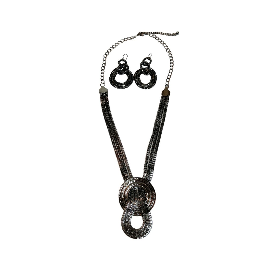 Gunmetal Wide Woven Chain Beaded Statement Multi Strand Necklace Dangle Earrings