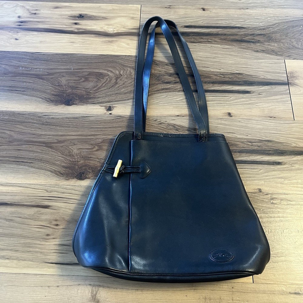 Vintage Longchamp Bag Black Leather Crossbody Purse Bamboo Toggle Roseau