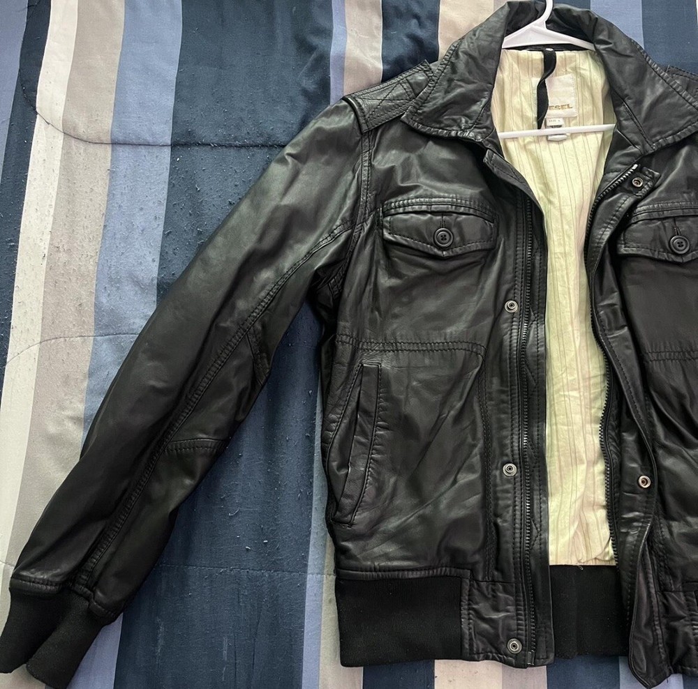 VTG Diesel Youth L Black Lamb Leather Jacket Banded Collar Zip 20”W X 25”L