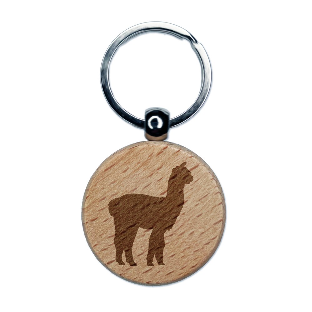 Alpaca Silhouette Engraved Wood Round Keychain Tag Charm
