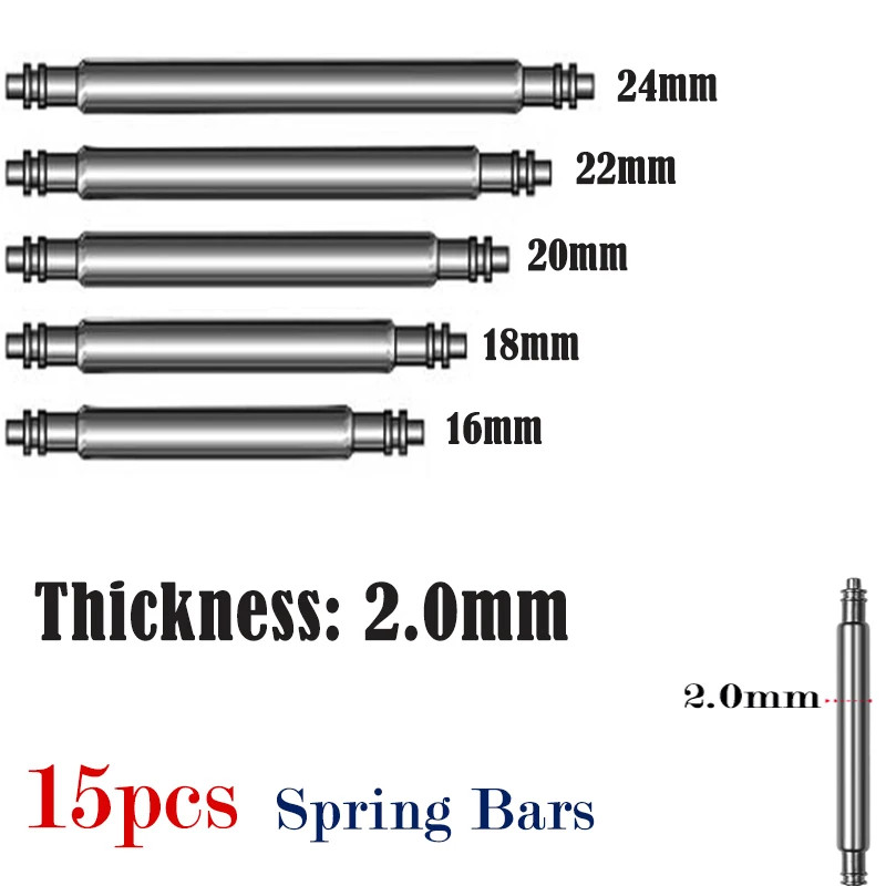15pcs Watch Band Spring Bars 2.0mm Diameter Strap Link Pins Stainless Steel Part