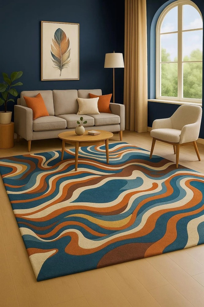 Wave Pattern Mid-Century Modern Area Rug in Teal, Rust, Abstract Carpet Rug
