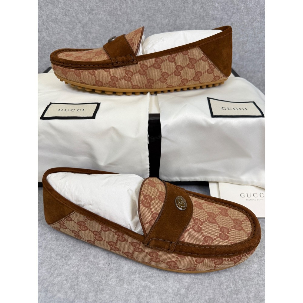 Gucci GG Canvas Bee Suede Loafers for Men Size 8G 8.5US Brown Drivers