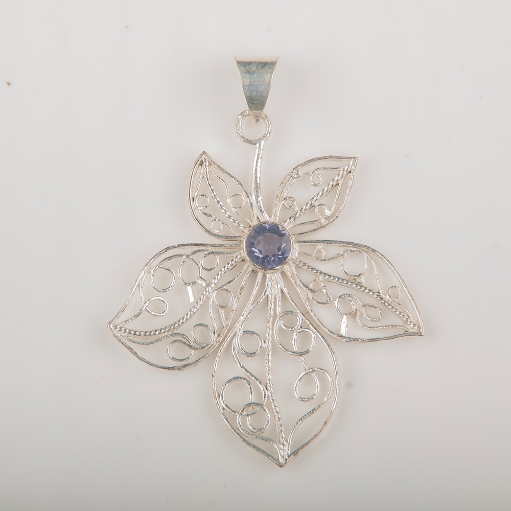 Birthday Gift For Her Natural Iolite Gemstone Pendant Flower 925 Sterling Silver