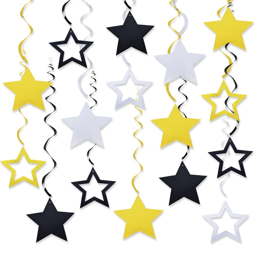 36Pcs Gold Black Silver Star Hanging Swirl Decorations Gold Stars Streamers F...