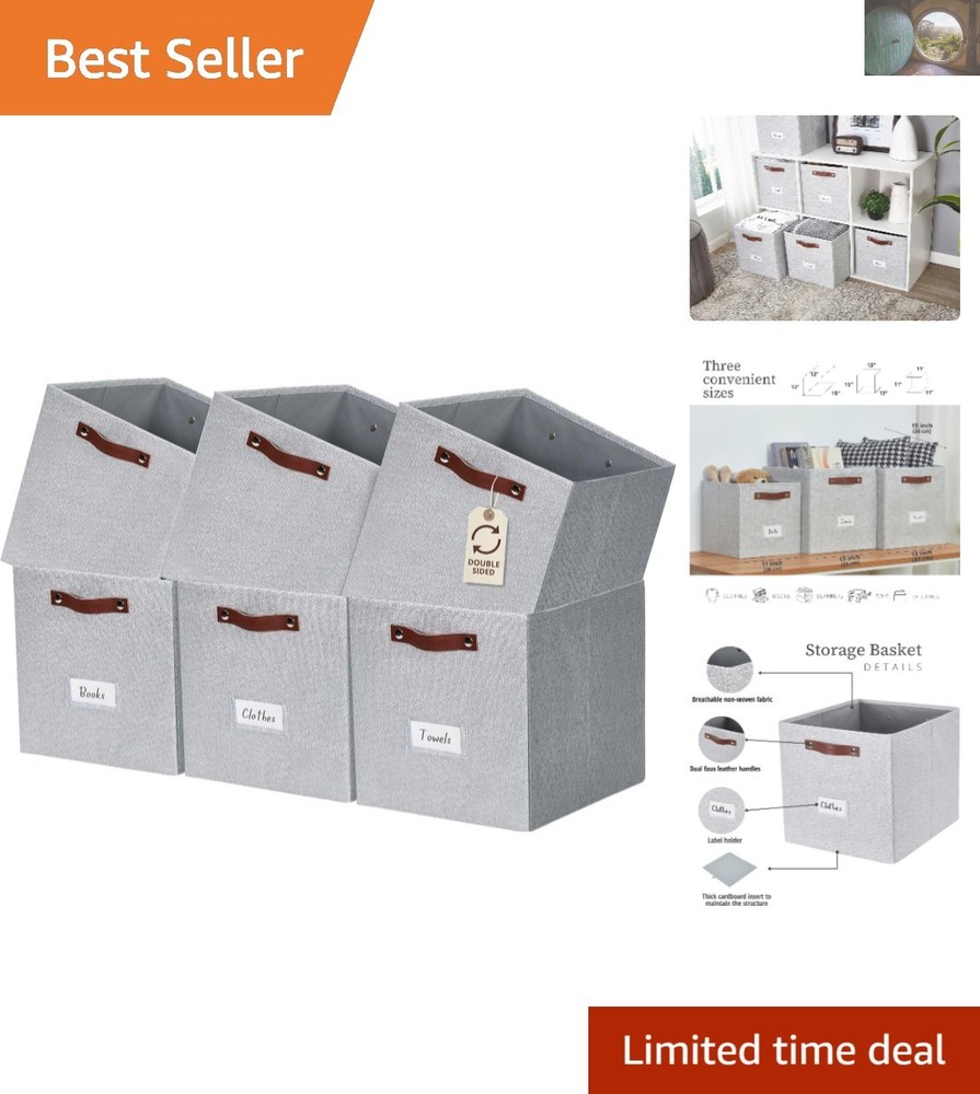 6-Piece 13 Inch Grey Fabric Storage Cubes with Labels