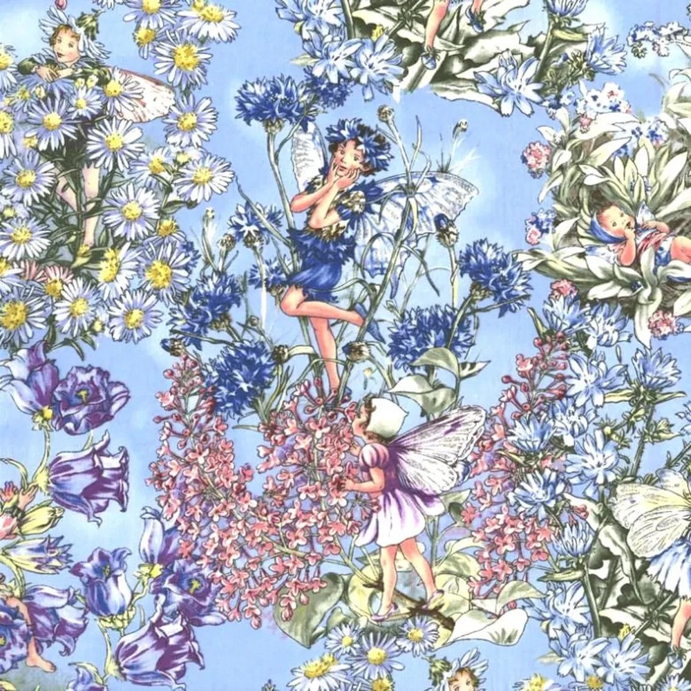Flower Fairies Periwinkle Fairy on Blue Cicely Mary Barker Fabric FQ - 1/4 YD