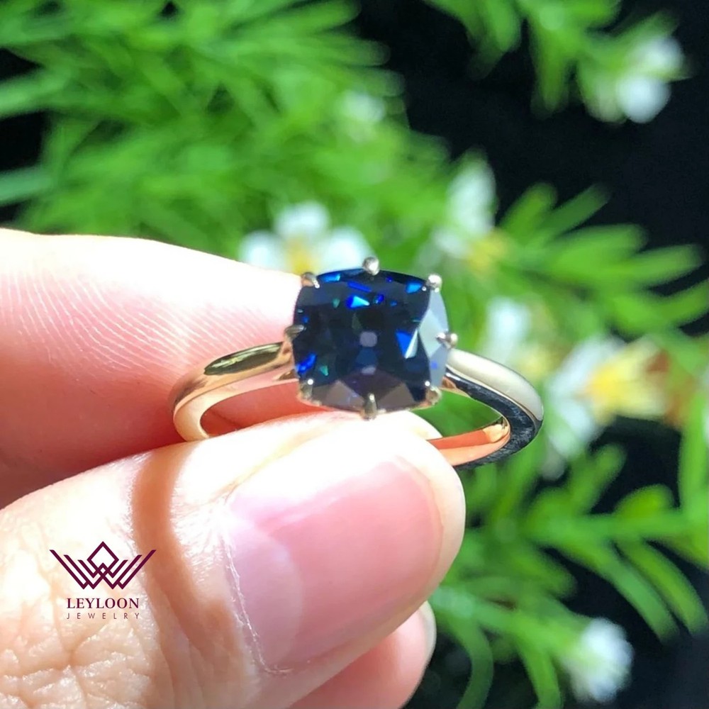 Cushion Cut Blue Color 8 Prong Solitaire Cathedral Platinum Moissanite Ring