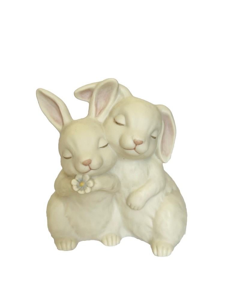 Vtg 90s Homco Figurine  He Loves Me Rabbits Bunnies 4'' Love Snuggle Easter Gift