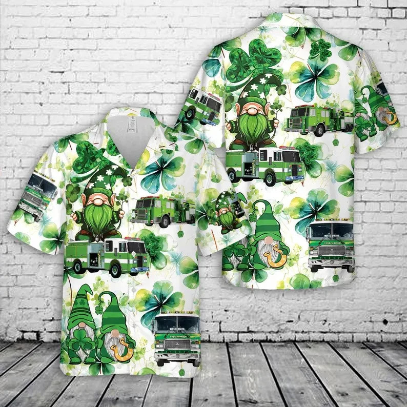 St Patricks Day Green Fire Truck Hawaiian Shirt Men's Shamrock Irish Gift