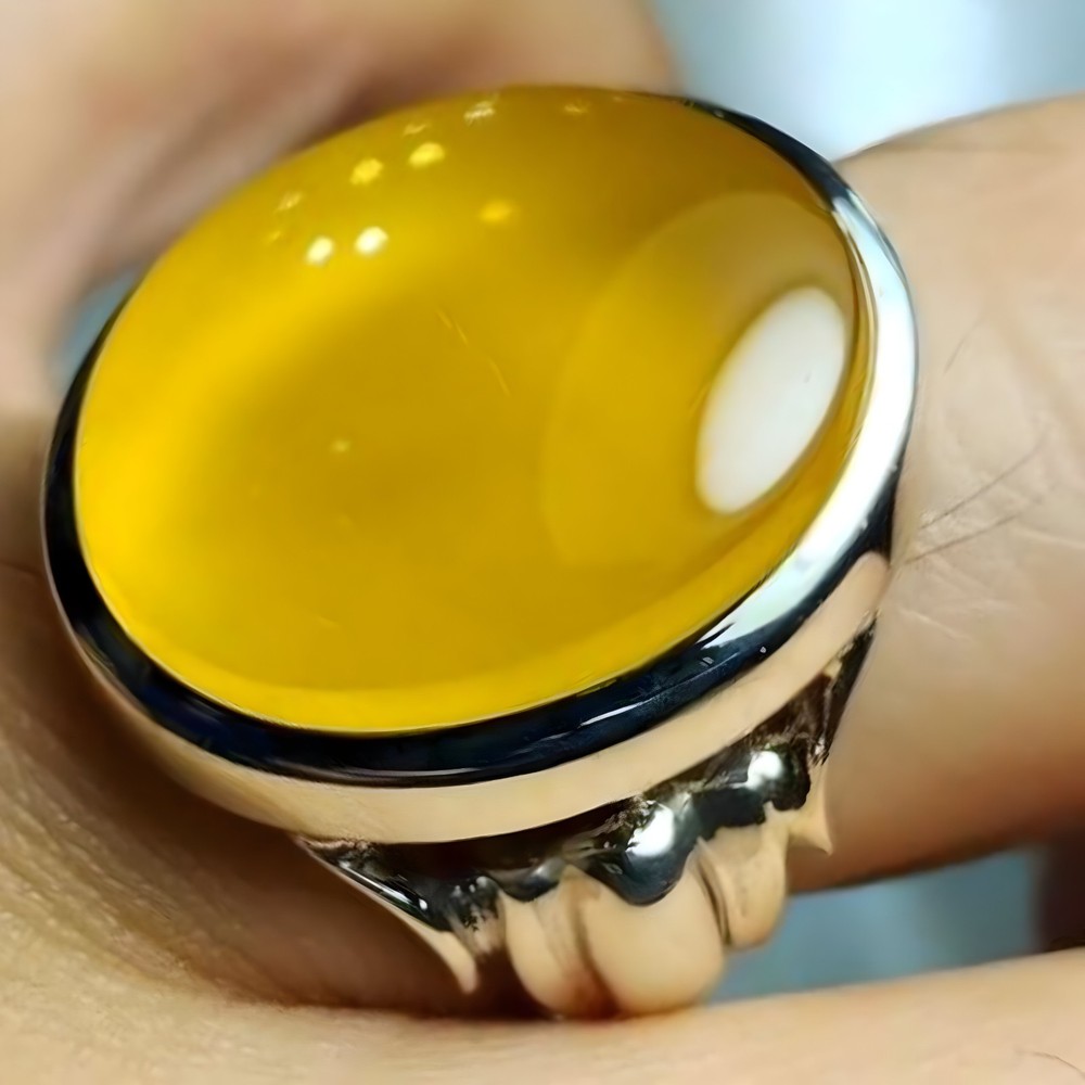 Yellow Agate Silver Ring for Men – Handmade Yemeni Aqeeq Gemstone Jewelry
