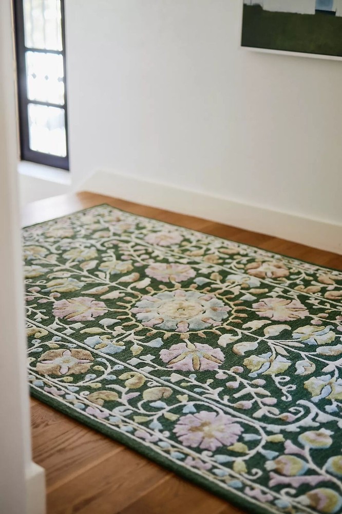 Tail Green Floral Hand-Tufted wool and viscose Area Rug Carpet