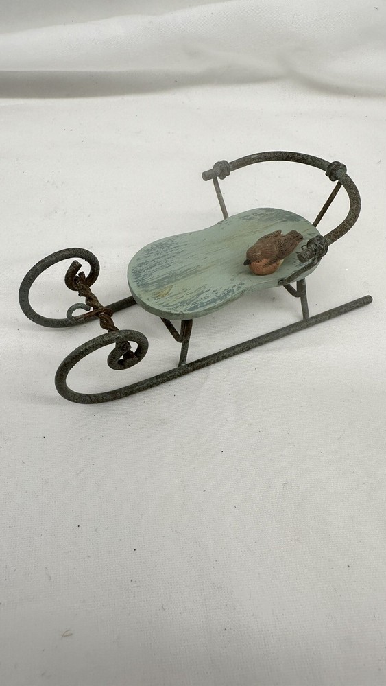 VintageCollectable Marjolein Bastin blue wood & metal sled with bird by Hallmark