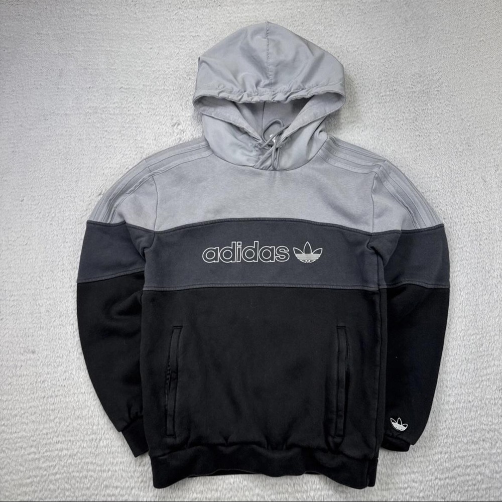 Adidas Hoodie Mens Large Gray Black Colorblock Trefoil Originals Pullover Logo