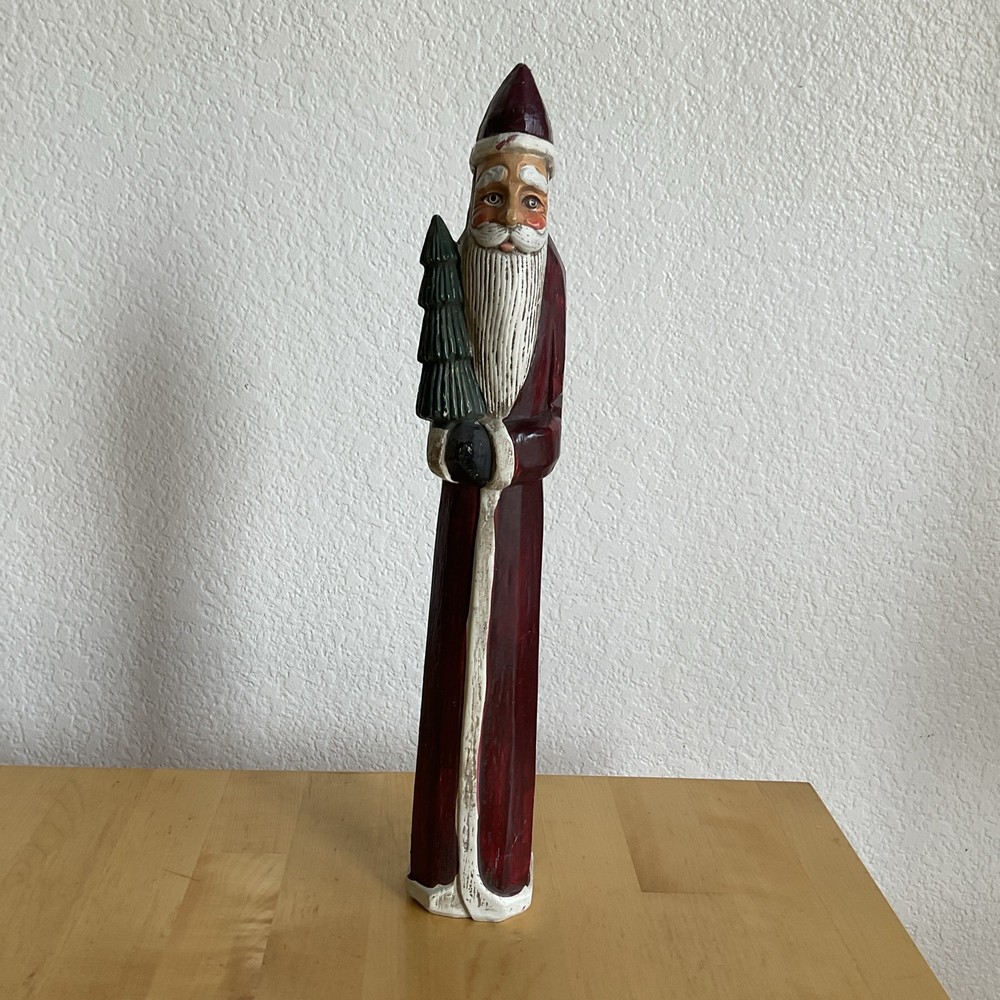 Vintage Primitive Figurine Pencil Tall Santa Claus Holiday Christmas Tree 13”