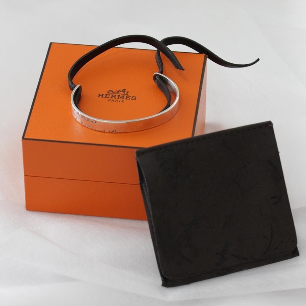 HERMES Cartouche SV925 Silver Bangle with Black Leather 16cm Includes Box