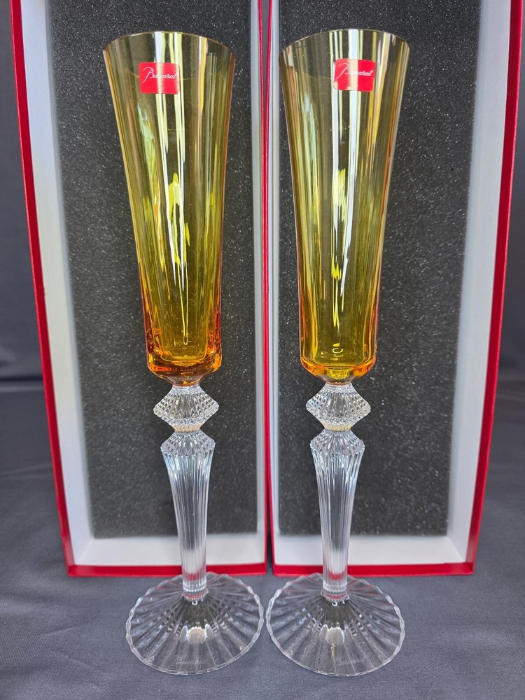 Baccarat Mille Nuits Topaz Flute Amber 2811584 Set of 2 Crystal Glasses