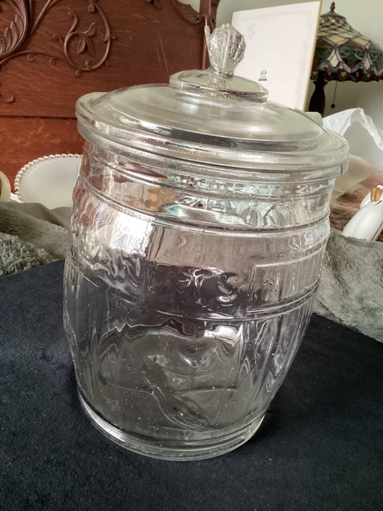 Vintage Planters Mr Peanut Glass Barrel Jar Canister with Peanut Lid Excellent Condition