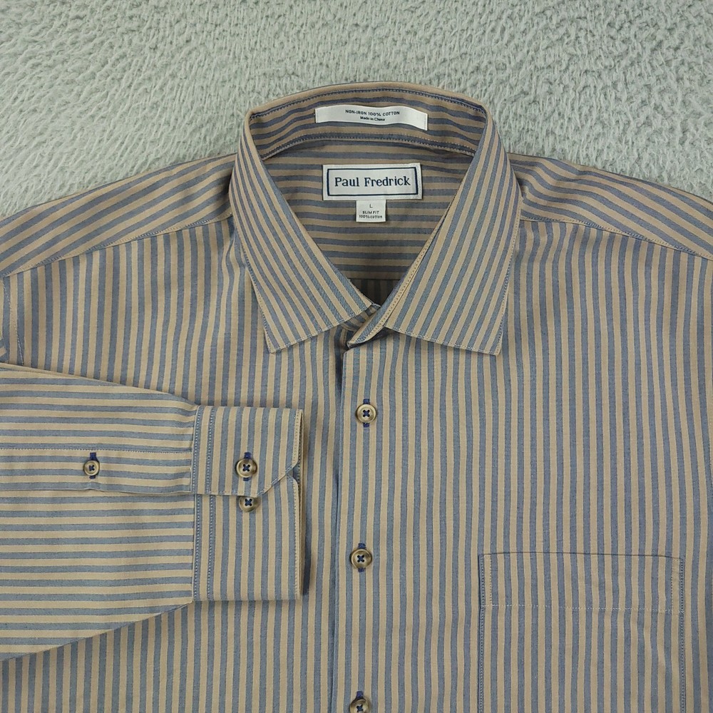 Paul Fredrick Dress Shirt Mens Large Blue Stripe Slim Fit Non Iron Long Sleeve