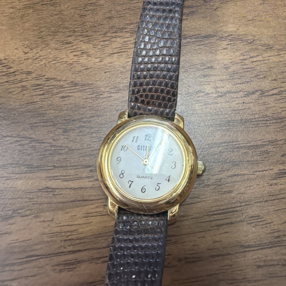 Vintage Gitano Watch Women Gold Tone MOP Dial Brown Leather Band New Battery